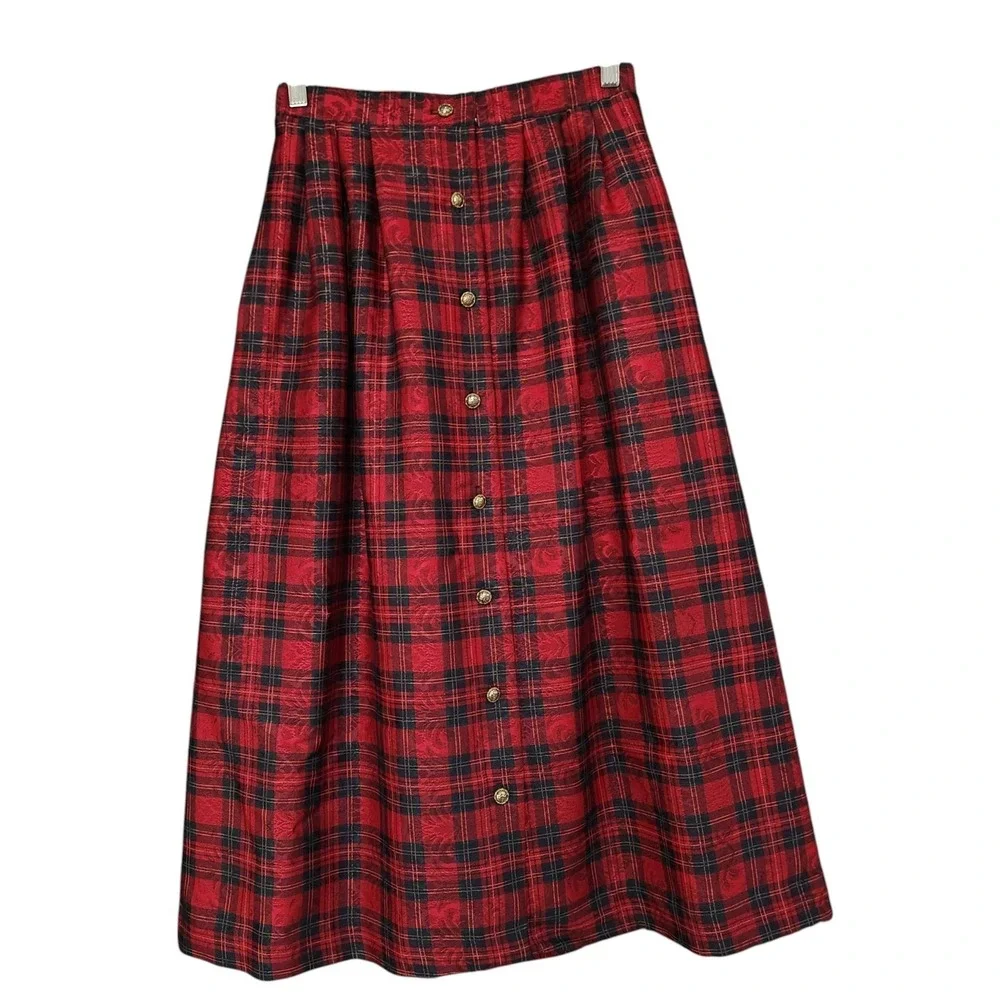 Vintage 80s Red Plaid Midi Pocket Skirt S/M 25